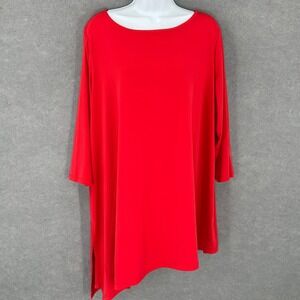 Susan Graver 2X Red Knit Tunic Top‎ Asymmetrical Hem 3/4 Sleeve Womens Plus Size
